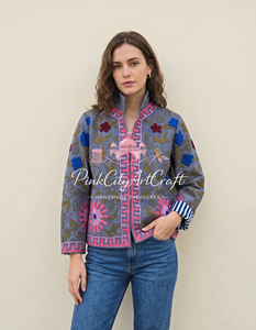 Handcrafted Grey Velvet Suzani Embroidery Woven Breathable Eco-Friendly Premium <b>Quilted</b> Winter Jacket Boho Chic Women Full - Product Image 2
