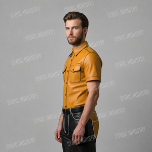 เสื้อหนังสีเหลืองมัสตาร์ด แขนสั้นสำหรับผู้ชาย กระดุมแป๊ก แต่งแถบผ้า หนังแกะ โทนสีเดียว เสื้อคลับแวร์ ปาร์ตี้ ลำลอง - Product Image 2