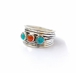 Men's Boho Chic Multi-Stone <b>Ring</b> 925 Sterling Silver Turquoise Coral Meditation <b>Spinner</b> Band Unique Design Jewelry Daily Wear - Product Image 2