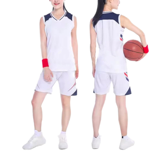 Ensemble de maillots de basket-ball pour femmes, blanc et bleu marine, col en V, manches longues, évacuation de l'humidité, respirant, taille élastique, coupe régulière, toutes saisons, 100% coton - Product Image 2