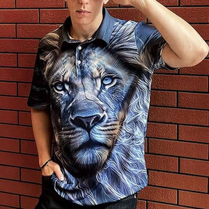 Polo à motif loup blanc avec col noir, design artistique aquarelle, manches courtes, style décontracté streetwear, mode animale - Product Image 4
