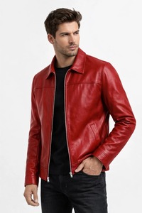 Veste en cuir véritable bleu foncé pour homme, col rabattu, fermeture éclair, coupe ajustée, style moto, vêtement d'automne - Product Image 5