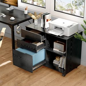 Mobiletto Portadocumenti a 3 Cassetti con Ruote, Supporto per Stampante in Legno con Ripiani Aperti per Ufficio Domestico, Nero - Product Image 1