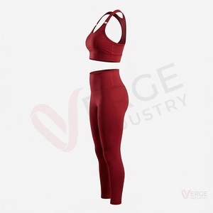 Conjunto Deportivo de 2 Piezas para Mujer, Top Deportivo Color Borgoña con Espalda Cruzada y Leggings de Cintura Alta, Ropa Deportiva Elástica para Yoga - Product Image 3