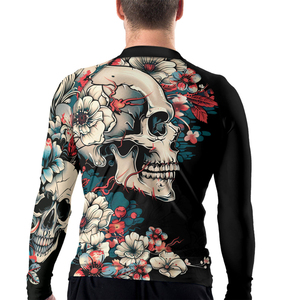 Men Long Sleeve Compression Rash Guard <b>Skull</b> Floral Print Quick Dry Polyester BJJ Shirt Full Sleeve Sublimation Rash Guard - Product Image 6