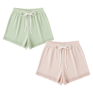 Fournisseur en gros d'ensembles de shorts de détente confortables pour femmes, en tricot côtelé respirant, à taille élastique, avec MOQ élevé - Product Image 1