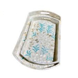 Bandeja de servir redonda hecha a mano con incrustaciones de nácar, diseño floral verde oliva, bandeja decorativa para mesa de café y bodas. - Product Image 5