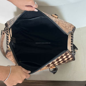 Elegant Vintage Handcrafted Genuine Cowhide <b>Leather</b> Large Speedy Bag Checkered Western Travel Weekender Handbag for Women's - Product Image 5