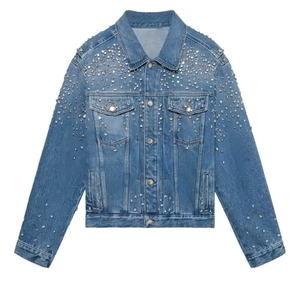 Chaqueta vaquera de talla grande para mujer, con adornos, efecto lavado, con tachuelas, rasgada, informal, con botones frontales y manga larga - Product Image 5
