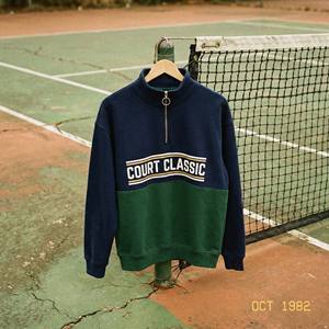 Retro Sport Style Women Quarter Zip Sweatshirt Forest Green Color Block <b>Pullover</b> Vintage Tennis Aesthetic Stand Collar <b>Jumper</b> - Product Image 5