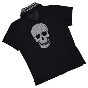Custom <b>Men's</b> Black Gothic Button Down Shirt with Silver <b>Studded</b> Collar Skull Back Design Short Sleeve Street wear - Product Image 5