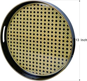 Round Decorative Tray with Handles Marbling Plastic Vanity Tray Basket Weave Modern for Ottoman <b>Coffee</b> <b>Table</b> - Product Image 6