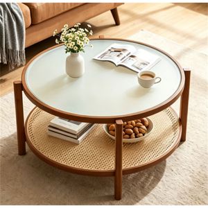 <b>Walnut</b> Boho 2-Tier <b>Coffee</b> <b>Table</b> PE Rattan Accent Side <b>Table</b> Tempered Glass Top Solid Acacia Wood Center Eco-Friendly Apartments - Product Image 2