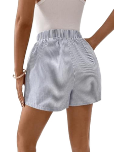 Women's Striped High Waist <b>Elastic</b> Shorts <b>Skirt</b> Casual Loose Fit 100% Cotton Oxford Fabric Breathable With Pockets - Product Image 2