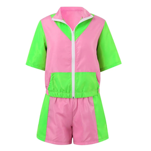 Ensemble de survêtement pour femme, rose et vert, style color block, manches courtes, fermeture éclair, tenue d'été légère, ensemble short en polyester - Product Image 4