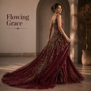 Luxury Burgundy Gold Embroidered Mermaid Evening Gown V Neck Sleeveless <b>Flared</b> Train Dress | OEM Private Label Bulk Supply India - Product Image 4