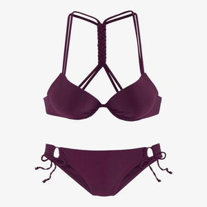 Conjunto de bikini de dos piezas color ciruela para mujer, top cruzado con cuello halter y efecto push-up, braga con lazo lateral, traje de baño de spandex y poliéster - Product Image 1