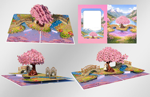 การ์ดอวยพร 3 มิติ ลายต้นซากุระพร้อมสะพานและดอกไม้ พิมพ์ดิจิทัลเคลือบเงา - Product Image 4