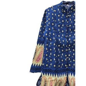Veste matelassée longue d'hiver vintage pour femmes faite à la main finition Unique Indigo imprimé rayure décoration respirant bouton fermeture - Product Image 2