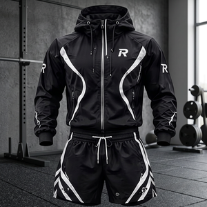 Men <b>Black</b> Solid Hooded Lightweight Tracksuit Full Sleeve Zipper Front Quick Dry Sporty <b>Shorts</b> Set Regular Fit Autumn Wear - Product Image 6