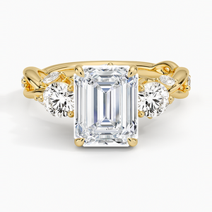 Bague en diamant, émeraude taille émeraude cultivée en laboratoire, trois pierres, diamant rond et marquise, or 14K 18K, collection Secret Garden, bague de fiançailles - Product Image 1