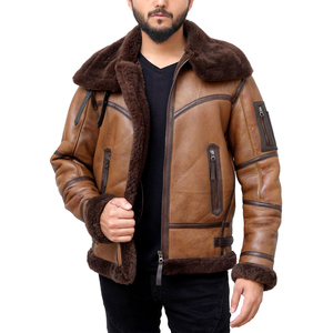 Warm Winter Men Shearling Leather <b>Jacket</b> Turn Down Collar Full Zip Outdoor Wear Wind Resistant Shearling Leather <b>Jacket</b> For Men - Product Image 3