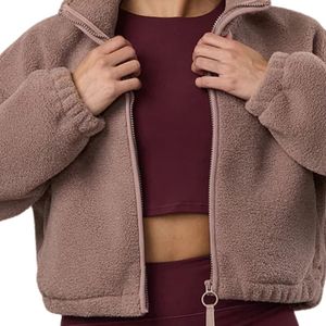 Veste polaire Sherpa marron clair pour femme, coupe courte, entièrement zippée, col montant, confortable, pour l'hiver, style décontracté, à porter en superposition - Product Image 3