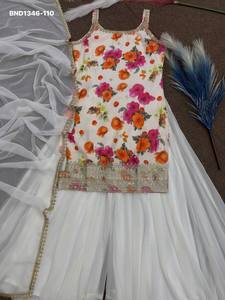 Designer Chinon Silk with Digital Floral Print-Embroidered Cording Sequence Border Short <b>Kurti</b>-Flared Plazzo Set Indian Exporter - Product Image 6