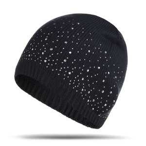 Bonnet tricoté uni avec strass brillants, doux et extensible, idéal pour l'extérieur, chaud et confortable - Product Image 3