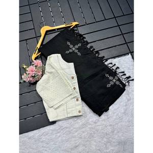 ESTAMPADO DE ALGODÓN DE MODA TRABAJO SAREE CON BLUSA SIN COSTURA NEGRO - Product Image 1