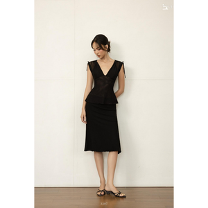Wholesale Women's Sheer Mesh <b>Batwing</b> <b>Top</b> and A-Line Midi Skirt Set ET3387 - Product Image 1