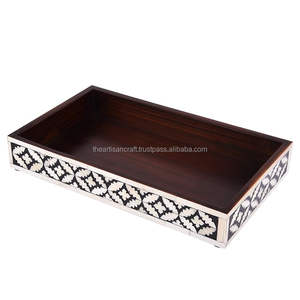 Bandeja para servir con incrustaciones de hueso, bandeja decorativa hecha a mano, materiales naturales, diseño étnico, decoración única para el hogar, madera elegante tradicional - Product Image 1