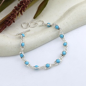 Bracelet ajustable en argent sterling avec turquoise naturelle, fermoir à bascule, serti clos, pierre précieuse ronde, fabricant de bijoux fins - Product Image 3