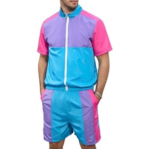 Men's Color Blocking Tracksuit Short Sleeve <b>Zip</b>-<b>Up</b> <b>Jacket</b> and Shorts Windbreaker Set Breathable Summer Wear with Side Pocket - Product Image 1