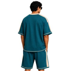 Teal Blue Mens Oversized T Shirt And Shorts <b>Set</b> Beige Contrast Panels Custom Logo Crew Neck Casual Streetwear Wholesale Supplier - Product Image 2