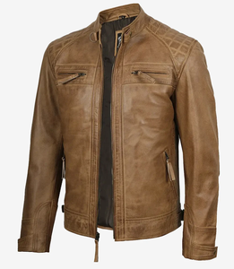Veste moto en cuir véritable marron pour homme, col montant, fermeture éclair, coupe classique, pour l'automne - Product Image 1