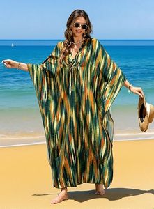 Robe Abaya Maxi Col V Manches Trois-Quarts Coupe Ample Motif Tie-Dye Vêtement d'Été Bohème en Rayonne pour Femme - Product Image 3
