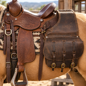 Superior Leather Horse Saddle Bag | Western Equestrian Side Storage Pouch Secure <b>Straps</b> <b>Buckles</b> Trail Riding Ranch Work Tack Kit - Product Image 2