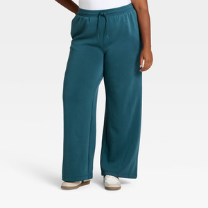 Pantalon de survêtement large pour femme, couleur Teal uni, taille mi-haute, avec cordon de serrage ton sur ton, poches latérales et ourlet ouvert, style décontracté - Product Image 3