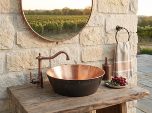 Hammered Copper Vessel <b>Sink</b> Two Tone Interior Black Exterior Rivet Rim Detail Handmade Copper <b>Bathroom</b> Wash Basin - Product Image 5