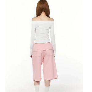 Shorts de survêtement amples pour femme, rose pastel, longueur genou, style Bermuda, avec taille repliable et cordon de serrage, décontracté, streetwear - Product Image 5