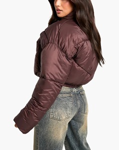 Veste matelassée unie pour femme, marron, à capuche, manches longues, fermeture éclair, hiver, épaisse, en polyester, tissu tissé, doublure en coton - Product Image 4