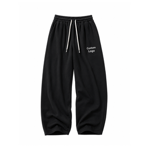 Pantalones de chándal anchos de forro polar de 400 GSM con estampado de logotipo, cierre con cordón y lavado ácido para hombre, al por mayor - Product Image 1