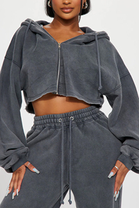 Ensemble de survêtement décontracté pour femme, hiver, imprimé, coupe oversize, avec sweat à capuche court, effet délavé à l'acide, strass, effet soleil, fermeture éclair, manches longues, écoresponsable - Product Image 2
