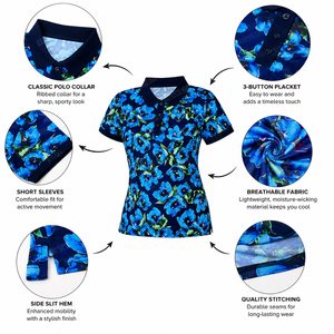 Polo de golf à manches courtes pour femme, imprimé floral, fleurs bleues, tricoté en polyester, haut décontracté avec fermeture boutonnée, 100 % polyester - Product Image 6
