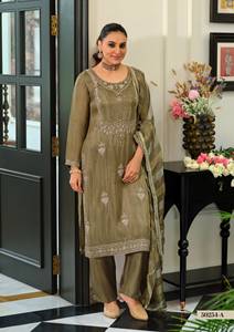 Elegantes Besticktes Seiden-Knielanges Schnelltrocknendes Indisch-Pakistanisches Top und Hosen-Dupatta-Set für Damen Partykleidung - Product Image 5