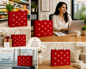 Red Floral Embroidery Jute Shopping <b>Bag</b> <b>Medium</b> <b>Size</b> Top Handle Daily Use - Product Image 4