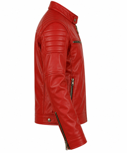 <b>Men's</b> <b>Red</b> PU <b>Leather</b> Moto <b>Jacket</b> Stand Collar Zipper Closure Slim Fit Regular Sleeve Autumn Wear - Product Image 4