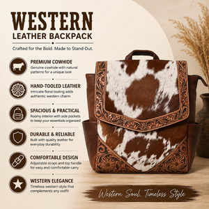 Handcrafted Hair On Cowhide Leather <b>Backpack</b> Western <b>Tooled</b> Laptop Travel Bag Vintage School Daypack Adjustable for Everyday use - Product Image 5