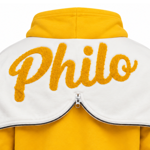 Sweat-shirt à capuche unisexe jaune Philo Prep avec broderie du blason, en molleton, poche kangourou, poignets côtelés, vêtement décontracté et tendance - Product Image 2